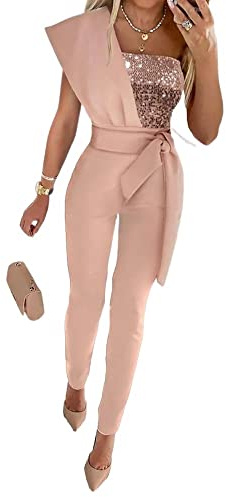 GHAKKE Sexy Schlanke Pailletten Outfits Für Damen Eleganter Ärmelloser Rückenfreier Jumpsuit Hoch Taillierter Langer Hosen Overall Cocktailparty (Color : Pink, Size : M)
