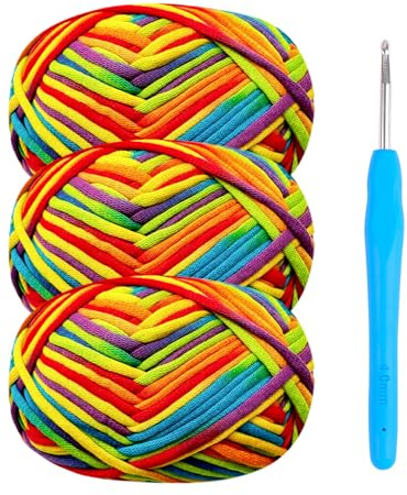 Häkelgarn Baumwolle Häkelwolle Chenille Wolle zum Häkeln 3 x 50g Häkelwolle mit Häkelnadel 4mm,Dickes Baumwoll-Nylon-Mischgarn Regenbogen