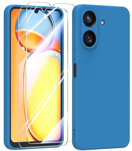 MIKULLE Funda para Xiaomi Redmi 13C 4G con Cristal Templado Protector de Pantalla,Ultra Slim Protectora Anti-Choques Carcasa de Silicona Líquida TPU Suave Case Cover - Azul