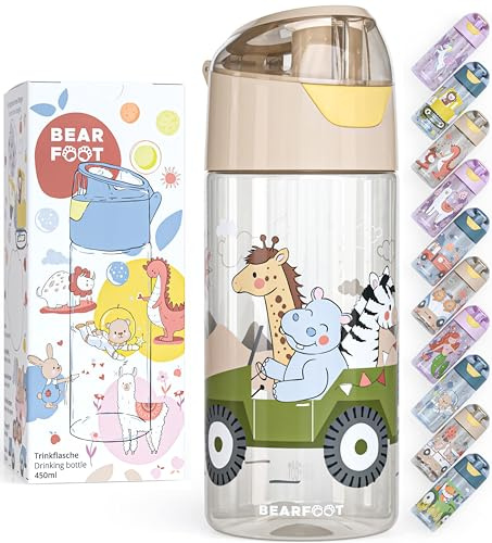 BEARFOOT Trinkflasche Kinder 450ml, BPA-frei (Beige - Safari)