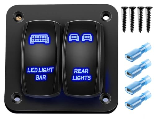 Gebildet Panel de interruptor basculante de 2 vías (barra de luz LED + luces traseras) 12 V 24 V CC, interruptor azul, panel de aluminio, 5 pines, encendido/apagado, panel de interruptor basculante