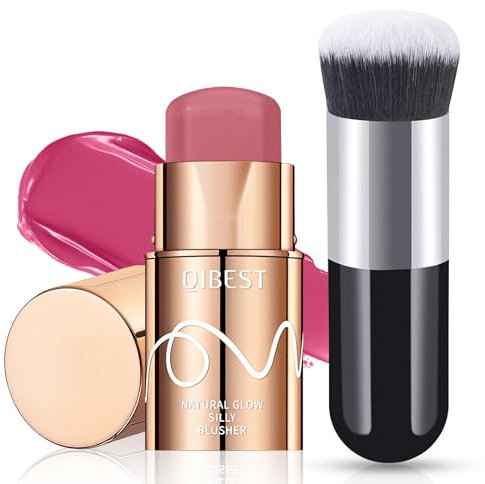 Cream Blush Stick, 3-in-1 Multi-Use Blusher Contour for Lip Cheek Eye, Long-lasting Waterproof Cream Blusher with Makeup Brush, Moisturize Blush Wand, Lightweight Face Blusher for Women Nature Look