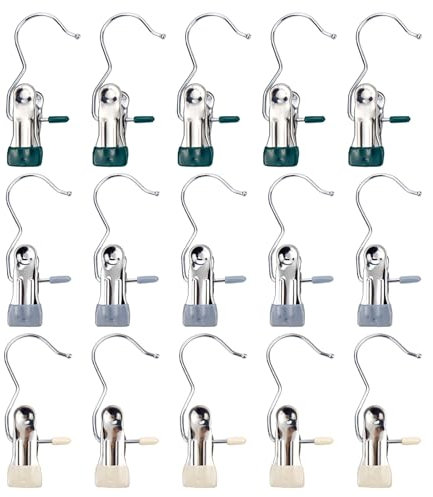 Woogim Wäscheklammern, 110 mm Länge, multifunktionale Haken für Zuhause, Reisen, Kleidung und Socken, Edelstahl, Beige, Grün und Grau, 15 Stück