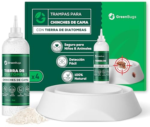 GREENBUGS Piège Punaises de Lit (x4) avec Terre de Diatomée 100% Bio - Kit Intercepteurs Anti-Punaises pour Pieds de Lit - Solution Efficace - Inclus Mode d’Emploi