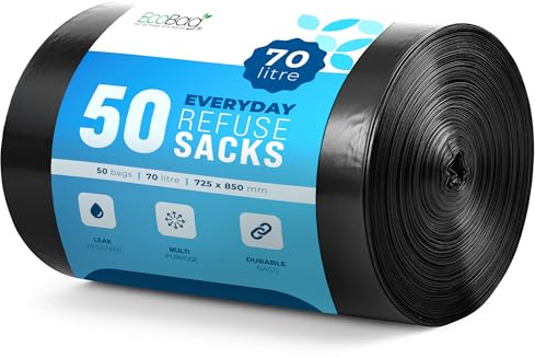 EcoBag- 50 Pack Extra Strong Heavy Duty Refuse Sacks - 70L - 30 Microns - Recyclable Bin Bags, Leak Resistant, Eco-Friendly, Durable Waste Disposal Bags for Household & Commercial Use (850mmx725mm)