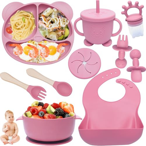 Kinyoda 10-teilig Silikon Baby Geschirrset, baby led weaning,rutschfest mit Saugnapf,Teller,Schüssel,Lätzchen,Löffel,Gabel,Trinkbecher,Fruchtsauger. BPA Frei,Spülmaschinen Und Mikrowellen Safe(Rose)