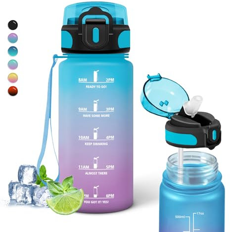 Borraccia Bambini, Borraccia 0,5 Litri, Borraccie con Cannuccia Senza Perdite, Borracce Motivazionale con Scala Temporale, Facile da Trasportare, Bottiglie Sportiva, per Scuole, Campeggio, Viaggio