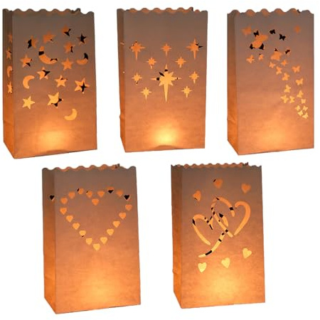 Papier Lichttüten 5 Stück Weiß Kerzentüten, Lichtertüten für Teelichter Kerzen,Wiederverwendbar Candle Bags, Papiertüten für Party Tischdeko, Valentinstag, Verlobung, Hochzeit, Weihnachten