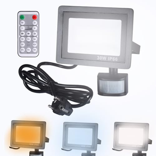 Etrogo 30W Projecteur LED Exterieur Spot Avec Détecteur de Mouvement 3000K 4500K 6000K Dimmable 3000LM avec Télécommande e Prise EU,IP66 Etanche pour Jardin Patio Garage Entrée etc