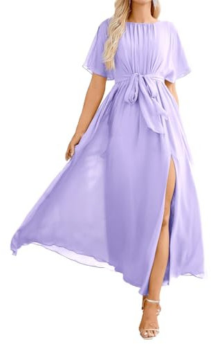 WSEYU Vestidos largos para madre de la novia, vestidos de novia para boda, de gasa, formal, de noche, abuela, con cinturón, Lila, 46