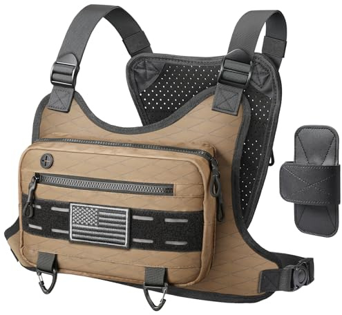 RXW Outdoor Sport Chest Rig for Men Women, Running Vest Bag with Pack Holster, Chest Pack Built in Phone Holder for Cycling, Camping,Travel, Hiking, Workouts, EDC（Brown）