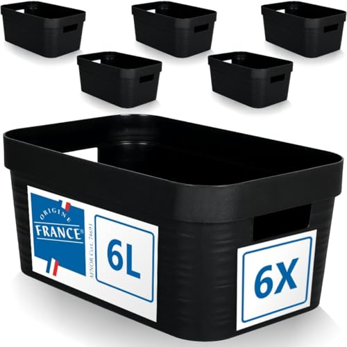 Stimo 6er Set Aufbewahrungsbox 6L Aufbewahrungskorb Kunststoff Ordnungsbox mit Griffen für Badezimmer Regal Organizer Box (Schwarz, 6er Set 6L)