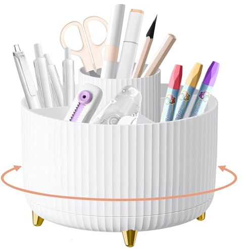 Shpucise Organiseur de Bureau Rotatif à 360°, Pot à Stylos, Pinceaux de Maquillage, 5 Compartiments, Blanc