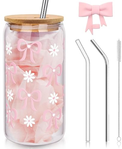 boocooberg 16 oz Glas Becher mit Deckel und Strohhalm,Rosa Niedlich Bow Design Vielseitig für Kaffee,Cocktails Tea und mehr geeignet (Style 1)