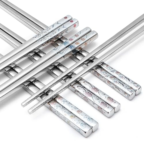 Stainless Steel Chopsticks, Titanium Plated Metal Chopsticks, 9.8 Premium Japanese Korean Color Laser Engraved Cooking Chop Sticks, Dishwasher Safe, Reusable, Anti-slip, Anti-scald, 5 Pairs Gift Set