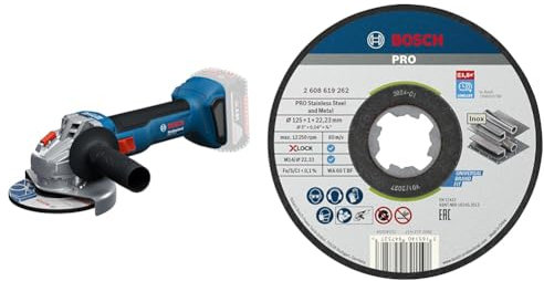 Bosch Professional Cordless Angle Grinder GWS 18V-8 + 10x PRO Stainless Steel and Metal Gebundene, dünne und langlebige Trennscheibe, X-Lock (für Edelstahl, Edelstahl, Ø 125 mm)