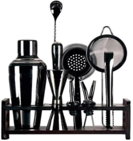 Cocktail Shaker Set, Cocktail Making Set, 12 Piece Cocktail Shaker Set with Wood Stand Stainless Steel Kit for Party Bar(Black)