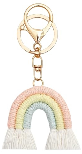 huoflame Schlüsselanhänger Regenbogen Boho – Handgemachtes Makramee Schlüsselanhänger mit Quaste – Mini Regenbogen Anhänger für Tasche, Geschenk für Patentante, Taufpatin, Kinder, Frauen