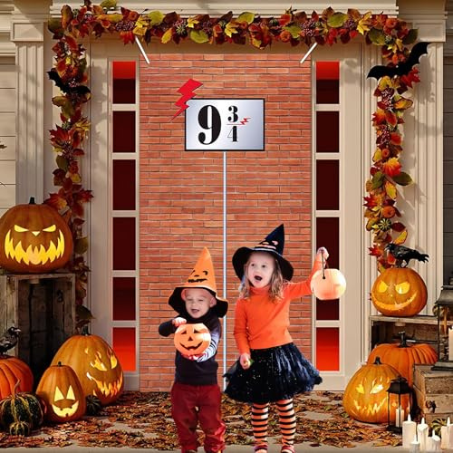 Striscione di sfondo in mattoni, 9 e 3/4 Cross Station, segno della scuola magica, per compleanno, decorazione per porta, in mattoni, per feste a tema, Halloween, per la scuola magica