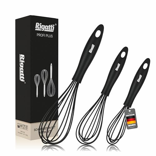 Rigatti® Silikon Schneebesen Set 3er, Rührbesen Set mit Edelstahlkern – BPA-frei, hitzebeständig, kratzfrei & spülmaschinengeeignet – Für Teflon, Keramik und beschichtete Pfannen – 28/26/23 cm