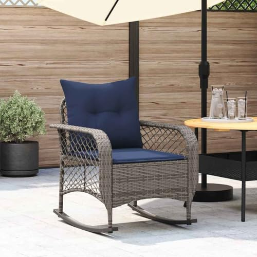HaoChrymec Mecedora de Jardín con Cojín, Silla Balancín Exterior de Ratán Sintético y Acero, Diseño Ergonómico con Balanceo Suave, Resistente a la Intemperie y UV,Gris, 75 x 75 x 67 cm