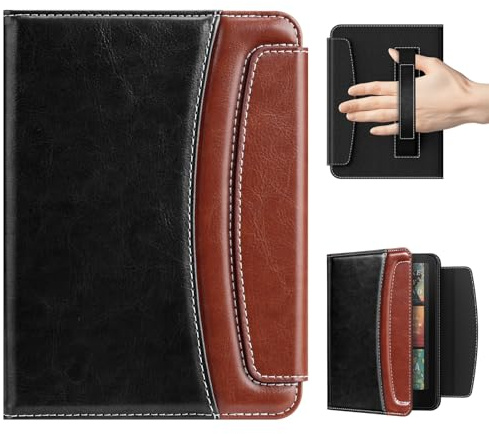 MoKo Hülle mit Handschlaufe für 7 Kindle Paperwhite(12.Gen-2024) und Kindle Colorsoft 2024&2025, Slim PU Shell Magentic Clasp Hülle mit Auto-Wake/Sleep und Kartenhalterung, Schwarz/Braun
