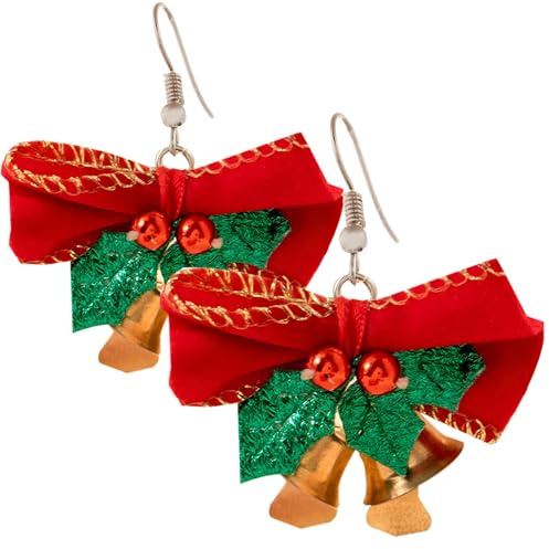 Ohrringe mit rotem Band, Glöckchen-Ohrringe mit Stechpalmenblatt-Detail, baumelnder Schmuck für Frauen, Weihnachtsverzierung, 4,8 x 5 cm