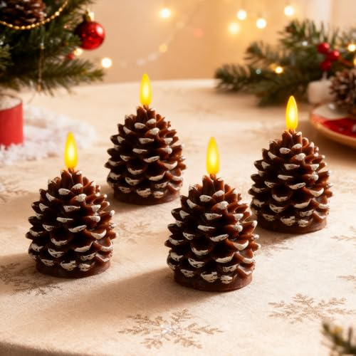 4er Set LED Teelichter Batteriebetrieb Flammenloses Tannenzapfen LED Kerzen, Realistische Flamme Flackernd Teelicht, Weihnachtsdeko Tannenzapfen Elektrische Kerzen für Weihnachten Tisch Party Deko