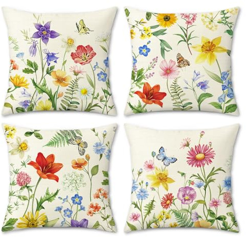 COZZSNUGE Vårblommor kuddfodral trädgård blomma fjäril utomhus bondgård polyester dekorativa örngott för bäddsoffa hem uteplats 45 x 45 cm set med 4