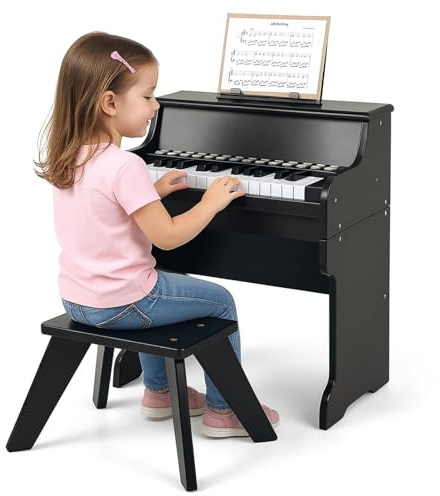 GOPLUS 25-Tasten Kinder Keyboard, elektronisches Kinderklavier mit Hocker, Leuchttasten-Piano, elektrisches Holzklavier mit Notenhalter, Lehrmodus, Musikinstrument für Kinder ab 3 Jahren (Schwarz)