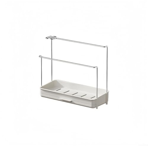 Organizer per lavello da cucina per dispenser di spugna, spazzola e sapone, supporto da appoggio con gancio per strofinacci ad asciugatura rapida | PP + acciaio al carbonio, bianco, 25,5 x 11 x 35 cm