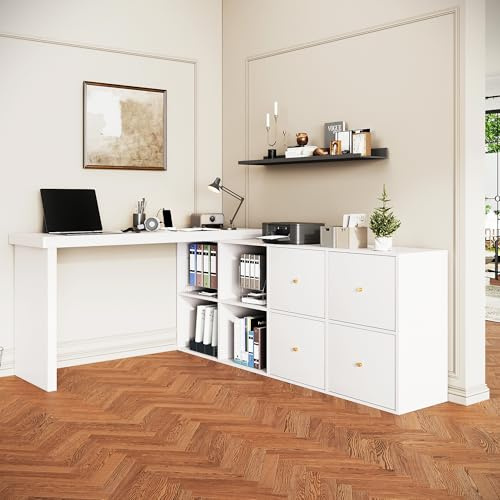 BTM Weiß Ecktisch L Form Schreibtisch mit Stauraum, Sideboard Computertisch Verstellbarer Eckschreibtisch mit Schubladen, Frisiertisch