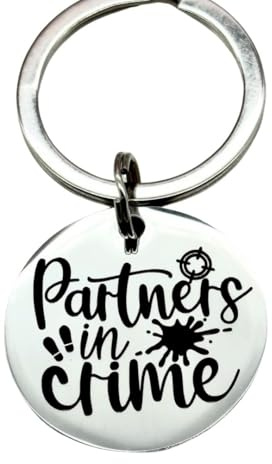 Partners in Crime Engraved Keyring – Stainless Steel Disc Keychain – Couples & Best Friend Gift – True Crime Lover Present