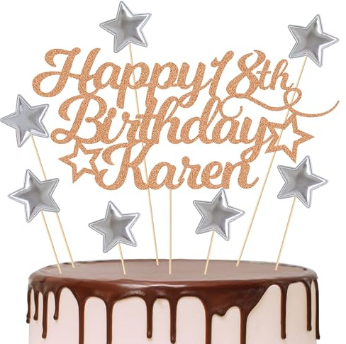 EDSG Happy Birthday Cake Topper Personalised, Custom Cake Topper with Any Age Name, Double-Sided Glitter Cake Topper 13th 16th 18th 21st 30th 40th 50th 60th 80th (with Silver Star Set)