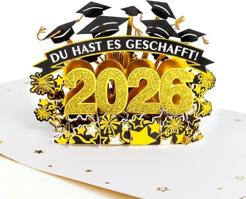 COMOOKA 3D Pop Up Karte zur Graduation 2026 Glückwunschkarte mit Umschlag | Du hast es geschafft Karte Schulabschluss Geschenk, Geldgeschenke zum Abitur, Doktortitel, Bachelor & Master Abschluss