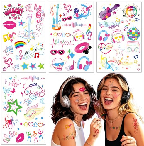Qpout 4 Feuilles Musique Disco Tatouages Temporaires - ModèLes Classiques de Guitare Rock, Autocollants de Tatouage Factice, Autocollants De Body Art à La Mode Pour Enfants Et Adultes