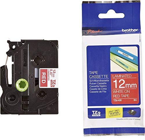 Brother Original P-touch Schriftband TZe-435 12 mm, weiß auf rot (kompatibel u.a. mit Brother P-touch PT-H100LB/R, -H105, -E100/VP, -D200/BW/VP, -D210/VP)