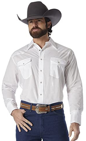 Wrangler Men's Sport Western Basic Two Pocket Long Sleeve Snap Shirt Shirt, White, M