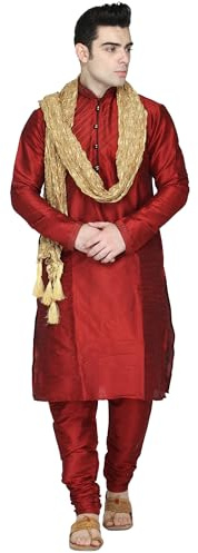 SKAVIJ Herren Kurta Churidar Schlafanzug mit Dupatta Kleid Set (Rot, S)