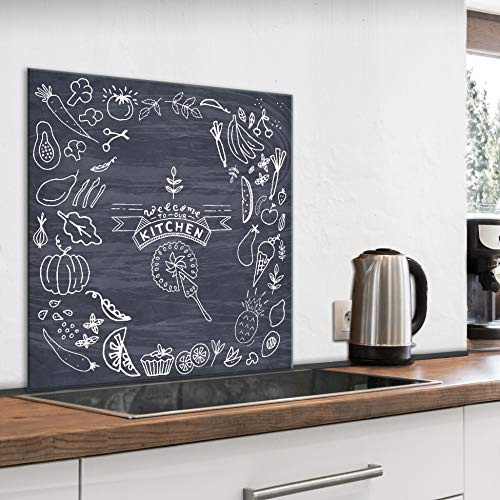 murando - Crédence Verre Cuisine 60x60 cm - Plaque Anti-Projection - Couvercle Anti-éclaboussures crédence - Plaque en Verre trempé - Inscription Cuisine Légumes Fruits j-C-0074-aq-a