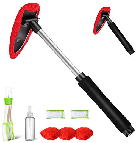 MASTERTOP Auto Scheibenreiniger Set, Windschutzscheiben Reiniger mit Teleskop Griff, Auto Fensterreiniger Autoscheiben Innenreiniger mit 5 Mikrofaserpads und Sprühflaschen für Fenster, Glas,Rot