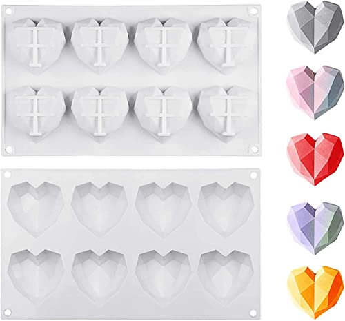 Heart Silicone Mold 3D Diamond Heart Shaped Chocolate Mould 2PCS 8-Cavity Valentine's Baking Pan Mold for Cake Mousse Dessert Ice Cream Jelly Soap DIY Tools