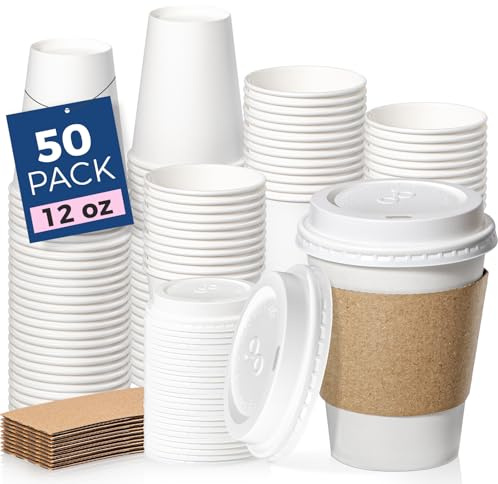 Fit Meal Prep 50 Pack 12 oz Disposable Coffee Cups with Lids, Sleeves, Leak-Proof To Go Coffee Cups with Lids, Durable Hot Paper Cups for Home, Office, Party, Business