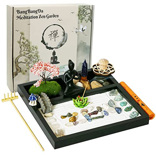 Desktop Meditation Yoga Garden Kit with Japanese Tabletop Rock Sand Chakra Shrine Altar, Home Office Desk Zen Decor, Gifts for Women & Men, Birthday, Includes Rake Tool & Accessories
