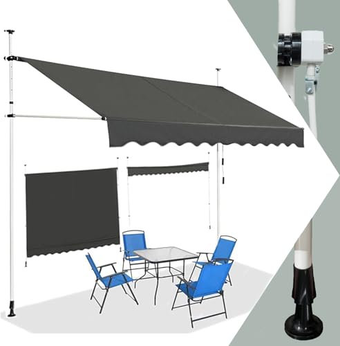 GYMAX Tenda da Sole a Bracci Regolabile in Altezza, Tenda da Sole con Manovella per Balcone, Tenda Impermeabile e Resistente al Sole, Altezza Regolabile da 2M a 3M, per Finestra (Grigio, 300 CM)