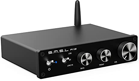 SMSL A12 Amplificatore Audio Hi-Fi Bluetooth 5.0, Mini Amplificatore di Potenza Integrato a 2 canali in classe D per Altoparlanti Domestici con Dontrollo dei Bassi e Degli alti 80Wx2 Infineon MA12070