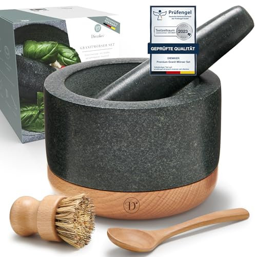 Diemker Premium Granit Mörser mit Stößel, Ø 14 cm, abnehmbarer Holzfuß, Holzlöffel und Reinigungsbürste im Set – Gewürzmörser, Groß, Moerser, Stein Moerser, Grillzubehör, Mortar, Pestle, Pesto, Nüsse
