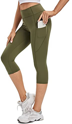 adorence Leggings Corti da Donna, Leggings Sportivi Capri (sentimento di nudità, Vita Alta, opachi), Pantaloni 3/4 Yoga con Tasche, Verde Militare, XXL, X029 Verde Esercito, XXL
