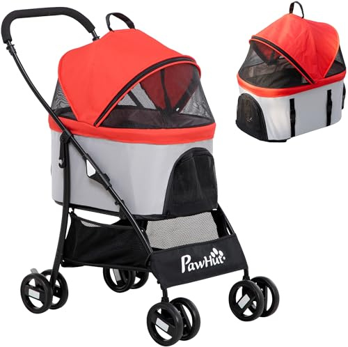 PawHut Passeggino per Cani 3 in 1 Pieghevole Convertibile in Borsa da Trasporto, Seggiolino Auto con 2 Guinzagli, Cuscino, Passeggino per Animali in Acciaio, Tessuto Oxford, 82x49.5x98cm, Rosso Grigio