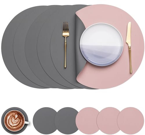 Myir JUN Tischsets 6er Set, Tischsets Abwaschbar Platzsets Rund Ø 38cm Platzdeckchen Rund Doppelseitigen rutschfest Platzsets Kunstleder Leder Tischset Lederoptik (Grau Rosa, 6er Set)